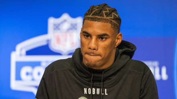 Mar 1, 2024; Indianapolis, IN, USA; Florida State wide receiver Keon Coleman (WO04) talks to the media during the 2024 NFL Combine at Lucas Oil Stadium. Mandatory Credit: Trevor Ruszkowski-USA TODAY Sports  